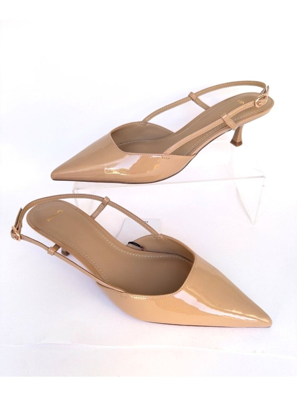 Mango MNG Nude Faux Patent Leather Pumps Pointed Toe Kitten Heels Size 39